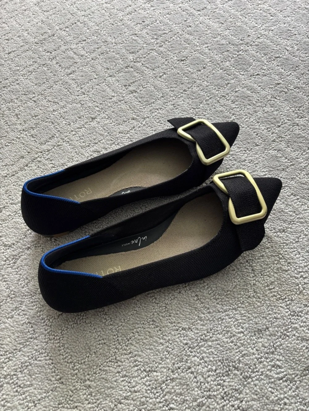 Rothy’s The Emblem Point II Black Flat with Gold Buckle - Picture 2 of 11